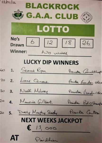 Blackrock GAA Lotto 12 Jan 21